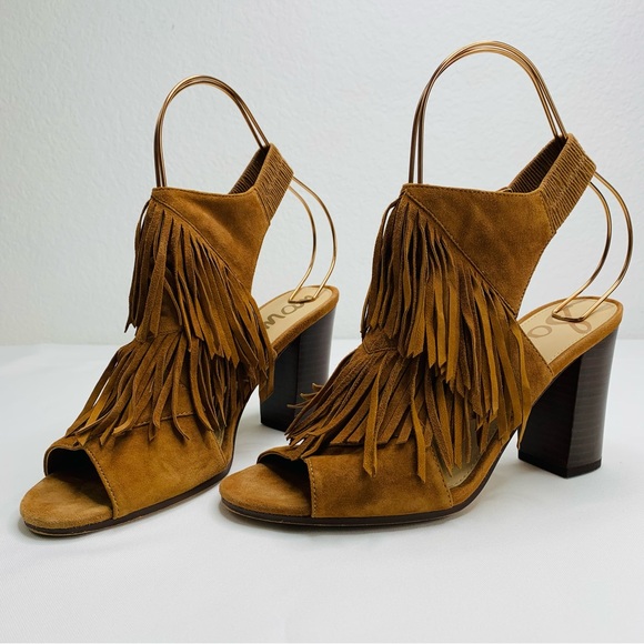 Sam Edelman Shoes - Sam Edelman Elaine Fringe Open Toe Sandel, suede, chunky heel. Women’s size 8